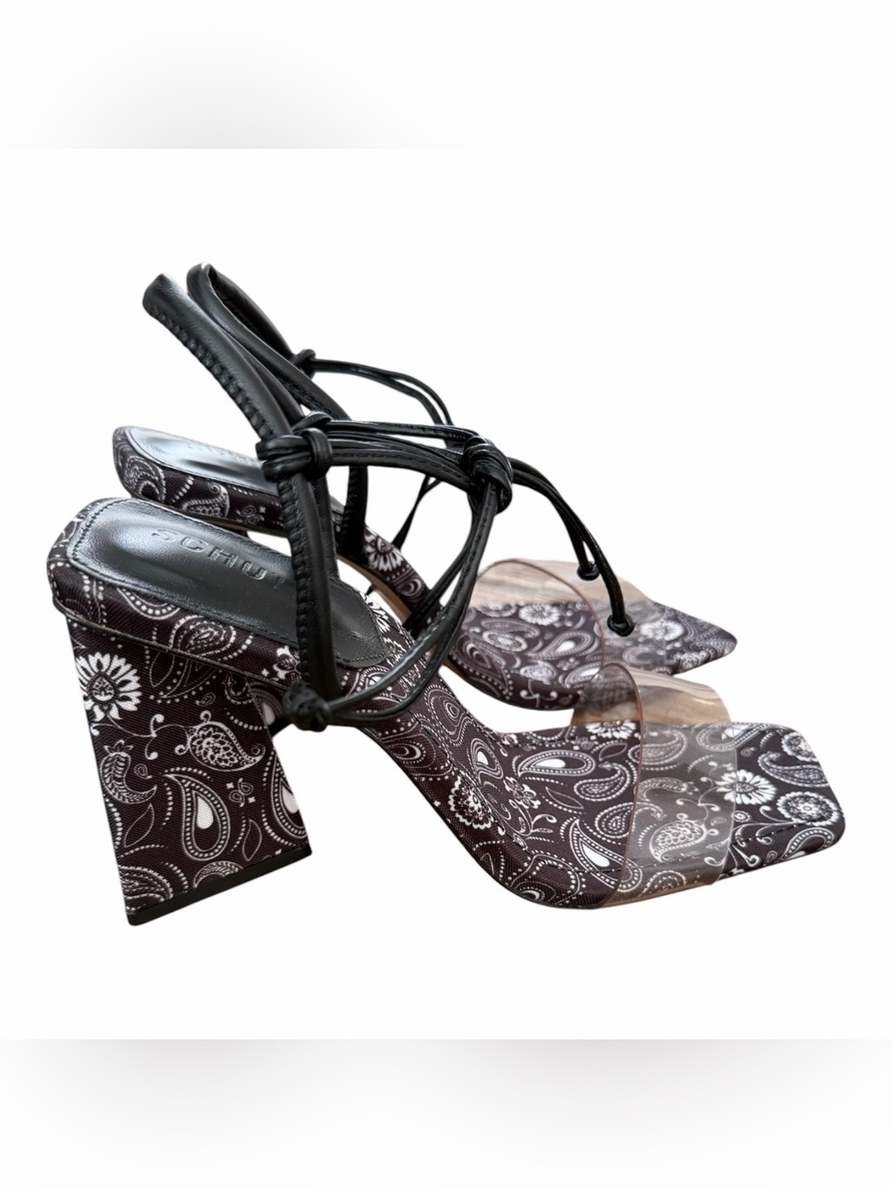 SCHUTZ Black Block Heel Sandal with Clear Strap and Tie